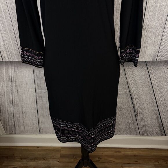 WHBM Women's Small Black Embroidered Trim Stretch Shift 3/4 Sleeve Dress - Picture 3 of 7